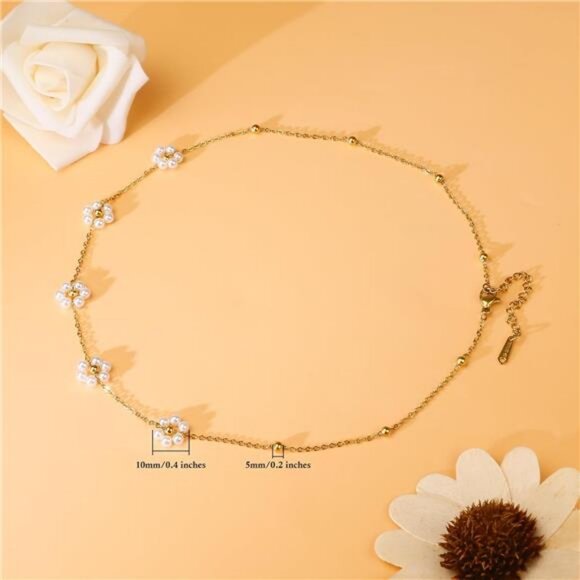 Dainty Pearl Necklace  14k Gold Plated Daisy Pearl Choker Stainless Steel - Picture 7 of 8